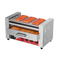 CROSSON 2 in 1 Profi Hot Dog Grill,7 Rollen Edelstahl Hot Dog Machine Elektrogrill 1350W mit Brötchenwärmer,Dual-Temp-Steuerung