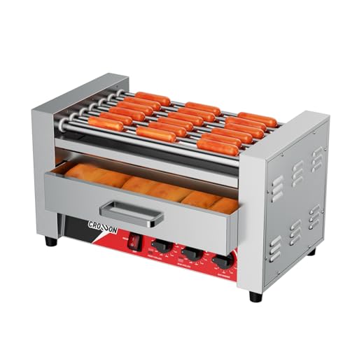 CROSSON 2 IN 1 Maquina de Perritos Calientes Profesional 7 Rollos,1350W Hot Dog Maquina de Acero Inoxidable con 2 Zonas de Calentamiento y Control de Temperatura Dual