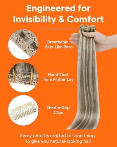 Image of Full Shine Human Hair Clip in Extensions, Brown and Blonde Highlight | Clip on Hair Extensions for Women, Invisible Lace Weft, Ash Brown Highlights Platinum Blonde, for Cheer, 16 Inch 3 Pcs 60g
