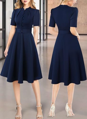 Image of VFSHOW Womens 2024 Business Work Office Pockets Belted Buttons Elegant Fit and Flare A-Line Dress