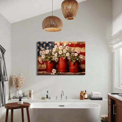 Image of Rustic 4th of July Patriotic Flower Pots Canvas Wall Art - Large Framed US Flag Poster Painting, Independence Day Wall Decor for Living Room Bedroom or Holiday Celebrations