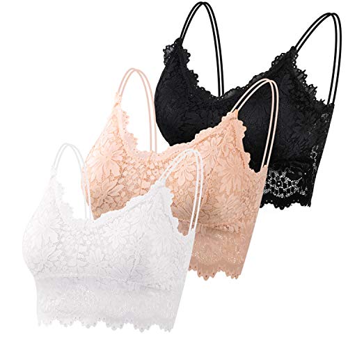 PAXCOO Lace Bralette for Women, 3 Pcs Lace Bralette Padded Lace Bandeau Bra with Straps for Women Girls (Black, Beige, White, M-L)
