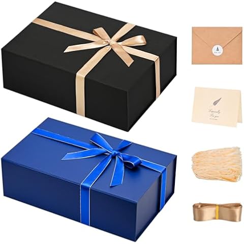 LIFELUM 1 Pack Black Gift box 13 x 10 x 5 inch and 1 Pack Navy Blue Gift Box 13.85 x 8.35 x 4.45 inch Contains Card, Ribbon, Shredded Paper Filler Gift Box for Christmas Cover