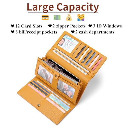 SENDEFN Large Womens Wallet Genuine Leather RFID Blocking Wallet for women Large Capacity Trifold Clutch Card Holder Ladies Purse with Zipper Pocket2