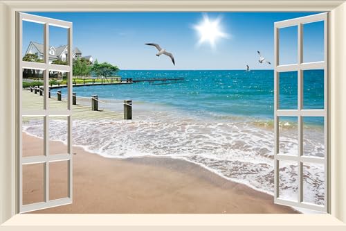 Fake Window Wall Mural Sticker Summer Beach Seascape Faux Window Wall Cling Art Picture Poster Ocean Island Decals Decor, Stick and Peel Landscape Natural Scenery Scene 16'x24'