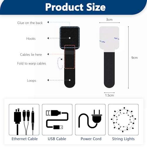 Abnii 50 PCS Under Desk Cable Management, Self Adhesive Cable Tidy Clips Straps, Sticky-Back Hook and Loop Cable Ties Cord Organizer, Wire Organizer for TV PC Laptop Ethernet Desktop, Black, Small - Image 3