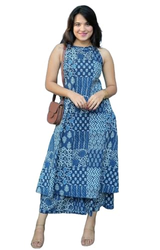 Image of Klosia Women Pure Cotton Kurta Palazzo Set | Sleeveless Printed Kurta with Palazzo Pants | Summer Friendly, Office Wear Co-Ord Set