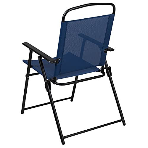 Image of Flash Furniture Nantucket 6-Piece Patio Dining Set with Glass Table, 4 Folding Chairs, and Umbrella, Outdoor Patio Table, Chairs, Umbrella Set, Navy