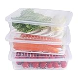 Newness Produce Saver Storage Container for Fridge, (3-Pack) Freezer Salad Container with Removable Drain Plate, Stackable Food Organizers to Keep Fruits, Meat, Vegetables and More (Large)
