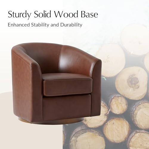 Image of HULALA HOME Genuine Leather Swivel Barrel Chairs Set of 2, Round Swivel Accent Chairs with Solid Wood Base, Leather Barrel Accent Chair for Living Room, No Assembly Required, Brown