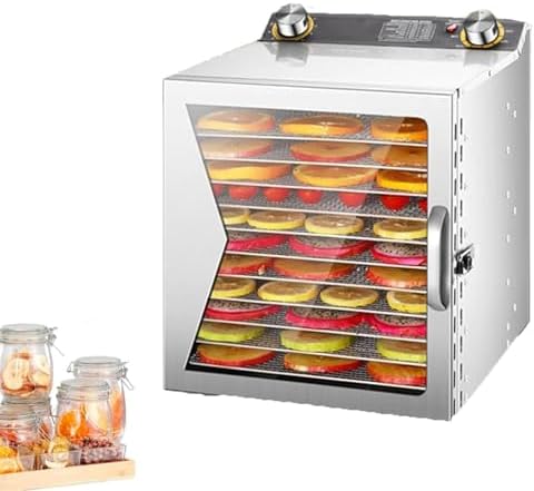 Electric Food Dehydrator with 12H Timer, Stainless Steel Trays, Adjustable 30-90°C Temp Control for Jerky, Herbs, Vegetables, Dog Treats - 6 Layer Freeze Dryer Machine