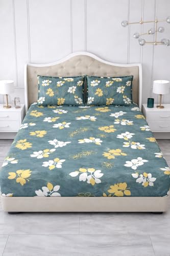 Image of 300 TC Cotton Feel Glace Cotton Elastic Fitted Bedsheet for King Size Double Bed | Fits up to 8 Inch Mattress | Printed Bedsheet with 2 Pillow Covers (Green&Gray, King Size - 72 inchx78 inch)