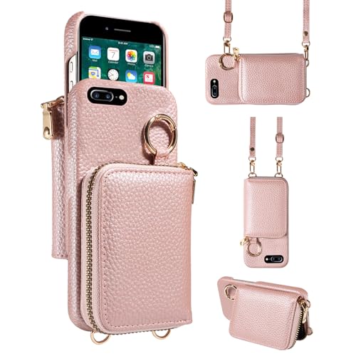 Furiet Wallet Case for iPhone 6plus 6splus 7plus 8plus i 6/6s/7/8 Plus with Shoulder Strap Ring Buckle Zipper Organ Purse Phone Cover for iPhone6splus i Phone7s 7s 7+ 8s 8+ Phones8 6+ i6 6s+ Rose Gold