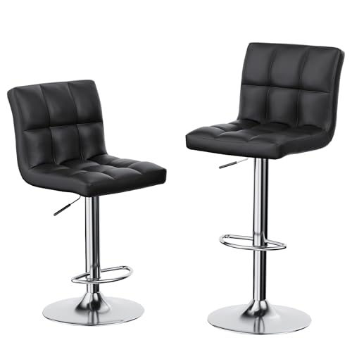 bigzzia Taburete de Bar Juego de 2, Taburetes Altos de Cocina, Cuero Sintético Silla de Bar Regulable en Altura con Respaldo y Reposapiés, Giratorio en 360°, para Cocina, Mostrador, Bar, Negro