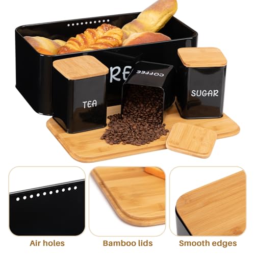 BEJOY 3-Piece Bread Bin and Canister Sets, Large Bread Box with Bamboo Lid, 3Pcs Bread Bins for Kitchen Tea Coffee Sugar Breadbin Sets, Black BEJOY 3-Piece Bread Bin and Canister Sets, Large Bread Box with Bamboo Lid, 3Pcs Bread Bins for Kitchen Tea Coffee Sugar Breadbin Sets, Black