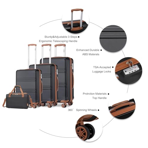 Kono Luggage Sets of 4 Piece Lightweight ABS+PC Hard Shell Cabin/Medium/Large Suitcase with TSA Combination Lock + Ryanair 40x20x25cm Cabin Bag (Black/Brown, 4 Piece Set) - Image 3
