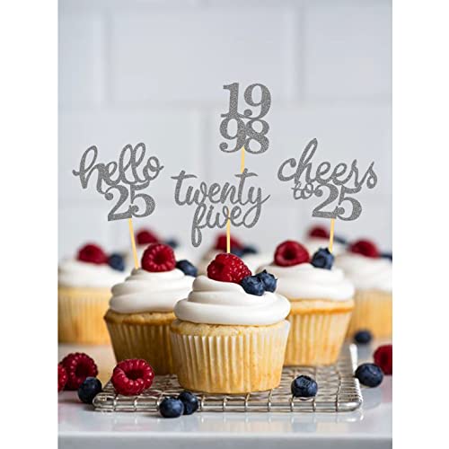 24Pcs Glitter 25Th Birthday Cupcake Toppers, Hello 25Th Birthday Cake Topper- 25Th Birthday Decorations For Celebrating Twenty-Five Years Old Birthday Party (Silver) #TOP3