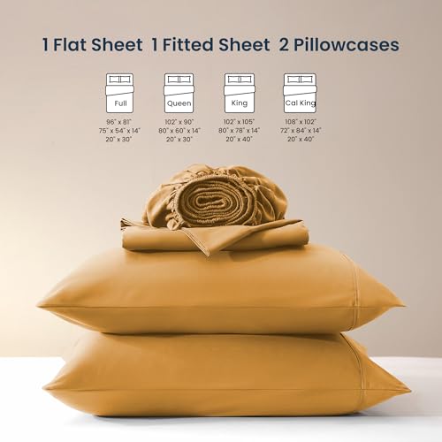 Image of SLEEP ZONE Nanotex Super Soft Cooling Queen Bed Sheets Set 4 Piece - Easy Care Fitted Flat Sheet & Pillowcase Sets - Wrinkle Free, Fade Resistant, Deep Pocket 16 inch (Dull Yellow, Queen)