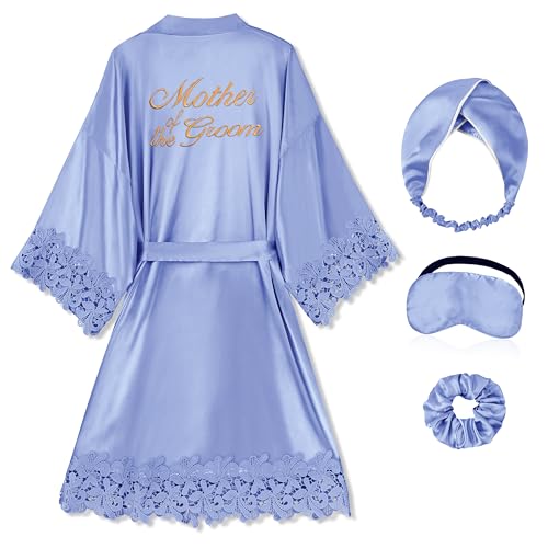 EPLAZA Bride Robe for Wedding Day Bridal Robe Lace Trim Silky Satin Kimono (Dusty blue-mother of the groom, Small-Medium)