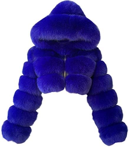 Choosebuy Womens Faux Fur Coat Jacket Open Front Crop Tops Solid Color Shaggy Hooded Cardigan Long Sleeve Warm Outwear (Blue, L)