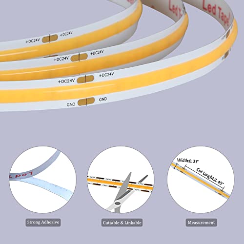 Image of UL-Listed COB LED Strip Light 3000K,5m /16.4ft DC 24V LED Strips,Dimmable High Lumen COB Tape Light,CRI 85+ Flexible Warm White LED Rope Lights for Bedroom, Stage, Home,Kitchen,DIY Lighting.