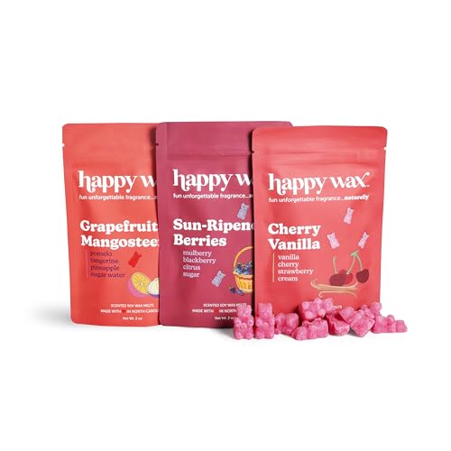 Happy Wax Fruity Favorites Mix Premium Scented Natural, Non Toxic Soy Wax Melts – 6 Total Oz. of Scented Wax Melts Includes: Cherry Vanilla, Grapefruit Mangosteen and Sun-Ripened Berries