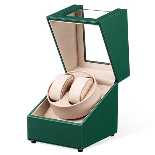 Mcbazel Caja Giratoria para 2 Relojes,Watch Winder Automático Caja Giratoria para Relojes de Pulsera con 2 Ranuras, Diseño de Piel de Cocodrilo   Verde