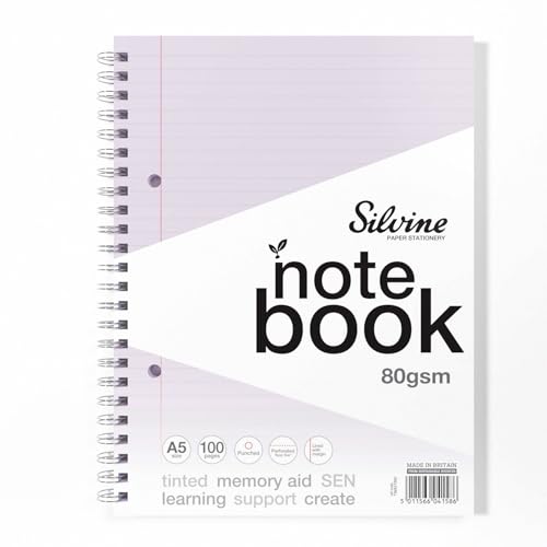 Image of Silvine A5 Lilac Paper Dyslexia Notebook | 100 Wirebound Pages, 80gsm Tinted Paper for SEN Supportive Learning & Memory Aid