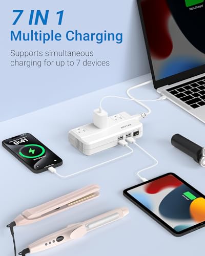 BESTEK Universal Travel Adapter 100-220V to 110V Voltage Converter 250W with 6A 4-Port USB Charging 3 AC Sockets and EU/UK/AU/US/India Worldwide Plug Adapter (White)