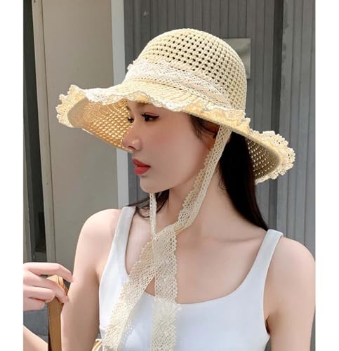 Gorro de paja para mujer con ala ancha y protección UV miniatura 3