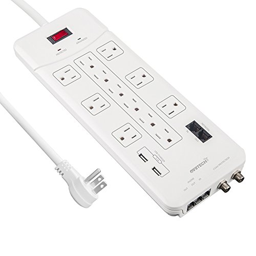 OviiTech 12 Outlet All-In-One Mountable Surge Protector Power Strip with2 USB Charging Ports(3.1A Total and Phone/Ethernet/Coax Protection,6 Foot Heavy Duty Extension Cord,4380 Joules,White,ETL Listed #1