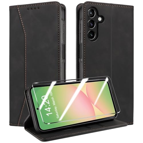 QHOHQ Handyhülle für Samsung Galaxy A57 5G Hülle mit Panzer Glas Premium Leder Schutzhülle [RFID Blockierung] Magnet Klappbar Flip Case Tasche Multifunktional Stoßfest-Schwarz