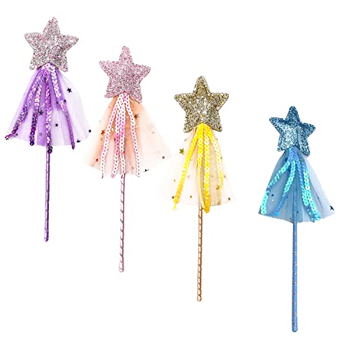 PFLYPF 4 bacchette magiche da principessa a forma di stella, per bambini, con paillettes, per Natale, Halloween, feste di compleanno (4 colori)