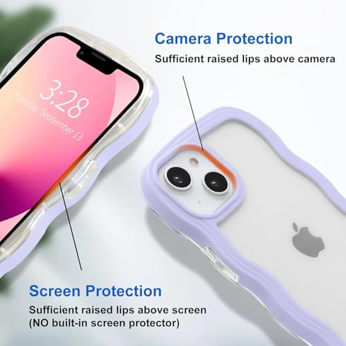 Image of GoldKart iPhone 13 /14 Case Wavy Edge Clear Back Design, Anti-Slip Grip Cute Wave Curly Frame Shape Shockproof Soft TPU & Hard PC Bumper Protective Phone Case Cover for Women Girls - Purple