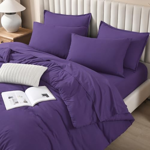 Litanika Comforter King Size Set Purple - 7 Pieces Bed in a Bag King Bedding Comforter Sets, Plain Lightweight Bed Set with Comforter, Sheets, Pillowcases & Shams