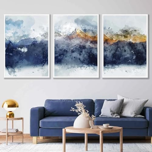 Tableau d'art abstrait bleu marine et or en lot de 3 toiles de 80x110cm pour grand salon chic
