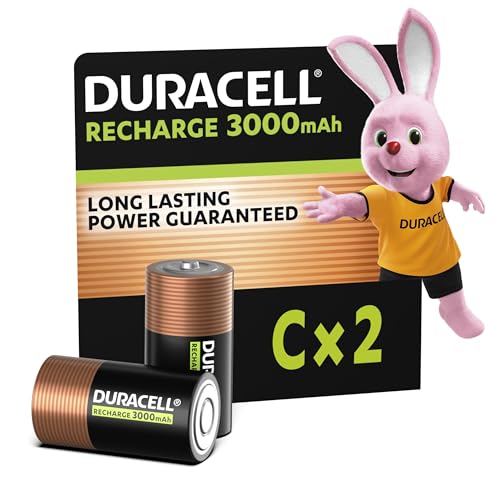Duracell Rechargeables Piles C (lot de 2), 3000 mAh NiMH, Puissance longue durée