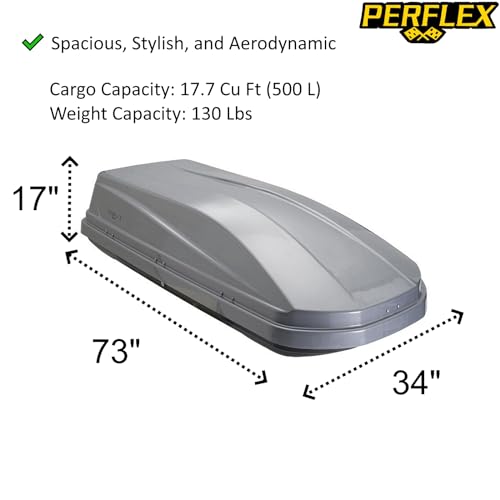 Image of Perflex Exclusive Rooftop Cargo Box Carrier Large 17.7 Cubic Feet Car Top Mount Travel Luggage Storage, Dual Side Opening, 130 Lbs Weight Capacity, Extra Keys, Straps (Silver)