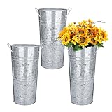 3 Pcs 12In Galvanized Metal Vase with Handle, Vintage Flower Bucket Rustic Metal Bucket Planter, Farmhouse Floral Vases for Fresh and Dried Floral Arrangements for Home and Weddings Table Decor