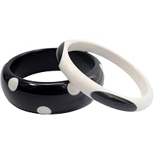 Pure Hands Resin Bangle Bracelet for Women Orchid at Saturn Handmade Jet Black Cuff with Vanilla Custard Polka Dots | Half-Round Acrylic Jewelry Studio