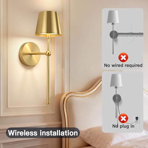 Image of TaoFiaCo Battery Operated Wall Sconces Set of 2,Wireless Wall Sconce Gold | 5200mAh Rechargeable, Remote, Timer, Dimmable, Cordless Wall Light for Bedroom Living Room, Hallway, Light Decor