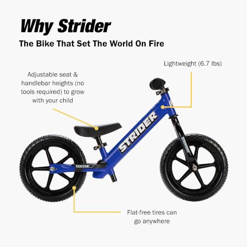 Image of Strider 12 Sport Bike, Blue - No Pedal Balance Bicycle for Kids 1 to 4 Years - Includes Safety Pad, Padded Seat,Mini Grips, Flat-Free Tires -Easy Assembly, Tool-Free Adjustments