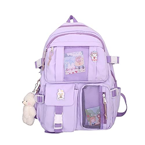 Kawaii Backpack with Pins and Pendant Accessories Cute College High School Backpack Laptop Bookbags for Teens Girls (Purple)