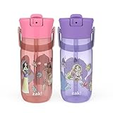 Zak Designs Harmony Disney Princess Water Bottle for Travel or At Home, 18oz Plastic is Leak-Proof When Closed with Straw Lid and Carry Handle, 2-Pack (Disney Princess)