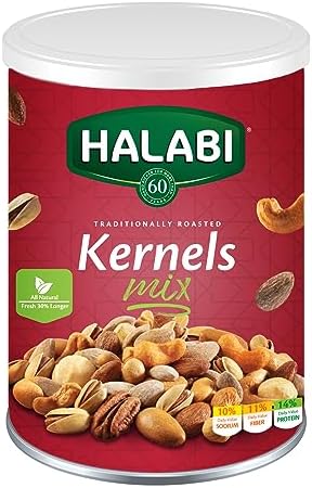Halabi - Mix Kernels - Mixed Nuts , Cashews, Almonds, Pistachios, Macadamia, Pecans, Hazelnuts - Healthy Baked Snacks - can 400g