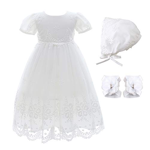 Xangirl Baby Girls Newborn Satin White Christening Baptism Lace Floral Embroidered Dress Gown Outfit with Bonnet Formal Party Special Occasions Dresses for Toddler