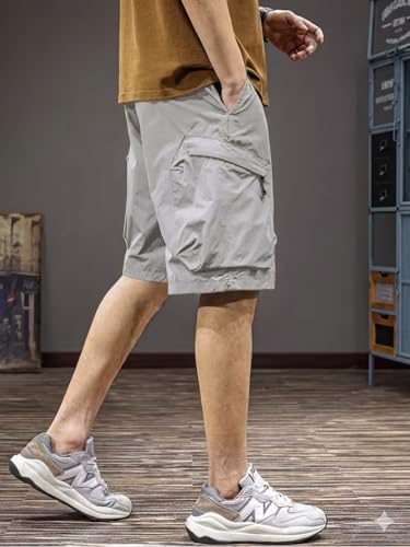 Image of Men's 100% Pure Cotton Cargo Shorts | Regular Fit Solid Knee Length Shorts with Multiple Utility Pockets | Casual Outdoor Summer Shorts for Men