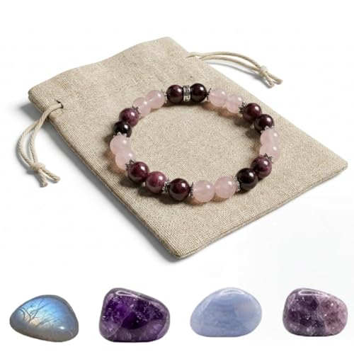 Image of iPhox Menopause Bracelet for Women, Natural Moonstone Amethyst Rose Quartz Stone Jewellery, Calming Mood Balance Spiritual Gift for Daily Wellbeing & Hot Flashes Support