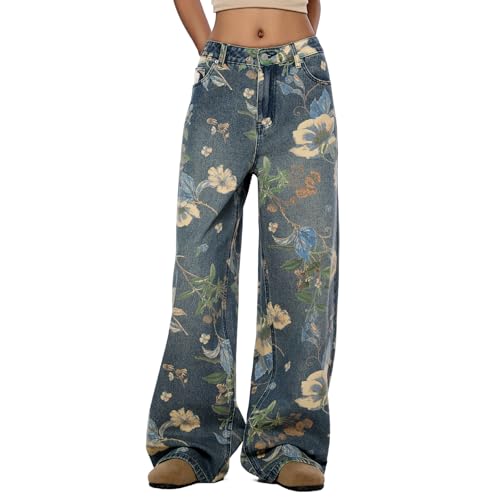 Women's High Waisted Wide Leg Jeans Flower Printed Straight Leg Baggy Jeans High Rise Loose Boyfriend Denim Pants