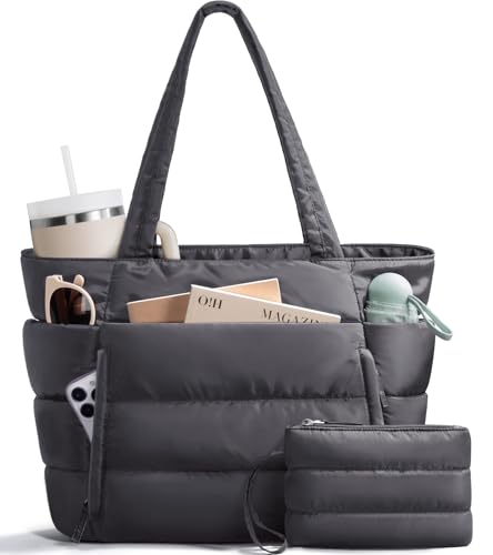 Image of Bagstellar Puffer Tote Bag for Women, Lightweight Puffy Work Handbag Teacher Nurse Quilted Shoulder Bag for School Travel Gym | Cloud Bag w / Zipper
